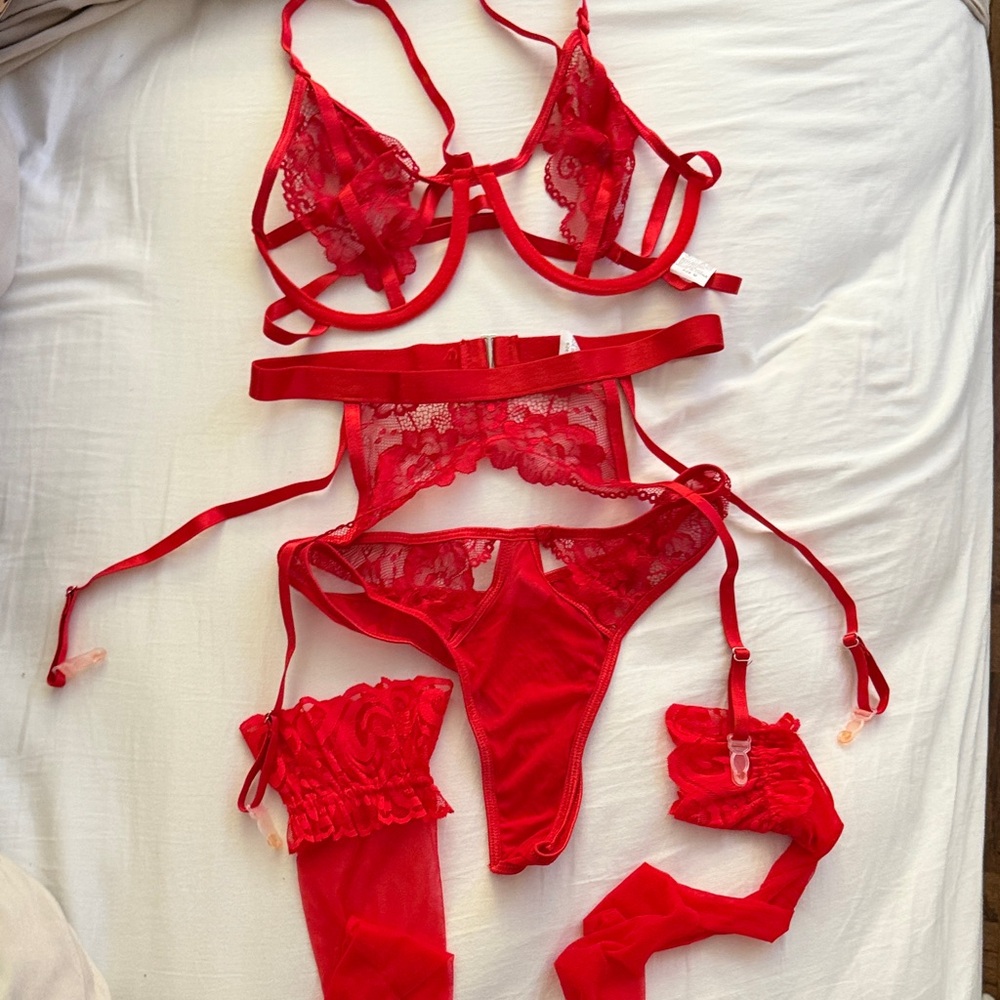 Red Lace Strappy Lingerie Set - Women Intimates